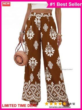 Boho Flowy Floral Palazzo Pants with Pockets Wide Leg Elastic Waist